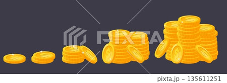 Growing stack of gold coins. Financial growth in investment. Golden cash. Money success. Savings deposit. Wealth income progress. Fund revenue. Vector concept of increasing profits 135611251