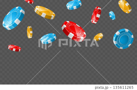 Realistic multicolored casino chips fall from above on transparent background. Gambling tokens falling down. Winning plastic circles. Gamble round coin. Blackjack fortune. Vector backdrop 135611265