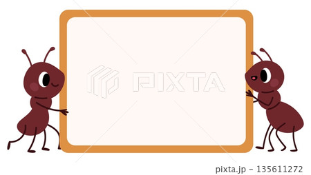 Two cartoon cute ants holding large wooden board with white blank sheet of paper. Animals show empty banner. Small insects presenting placard. Message from beetles. Vector background 135611272