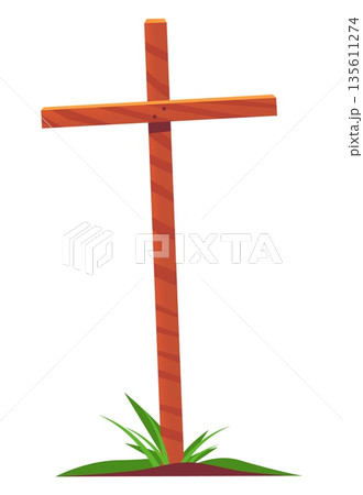 Wooden cross stands by road overgrown with grass. Wood stick. Burial headstone. Grave monument. Catholic gravestone. Christian memorial. Halloween graveyard. Vector religious symbol Wooden cross stands by road overgrown with grass. Wood stick. Burial headstone. Grave monument. Catholic gravestone. Christian memorial. Halloween graveyard. Vector religious symbol 135611274