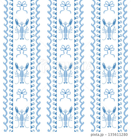 Vertical striped sea seamless pattern. Vector ocean waves, lobster, bows. Blue summer beach repeat background. Vertical striped sea seamless pattern. Vector ocean waves, lobster, bows. Blue summer beach repeat background. 135611280