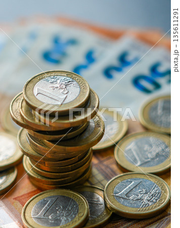 Stack of euro coins on euro banknotes background representing savings, finance and investment Stack of euro coins on euro banknotes background representing savings, finance and investment 135611291