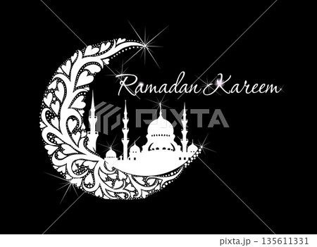 Ramadan monochrome symbol: moon and mosque. Hand drawn. Not AI, vector illustration. Ramadan monochrome symbol: moon and mosque. Hand drawn. Not AI, vector illustration. 135611331