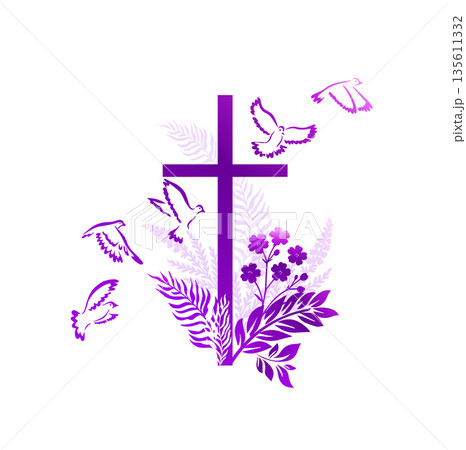 Religious violet cross with flowers and birds. Happy Easter. Hand drawn. Not AI, vector illustration Religious violet cross with flowers and birds. Happy Easter. Hand drawn. Not AI, vector illustration 135611332