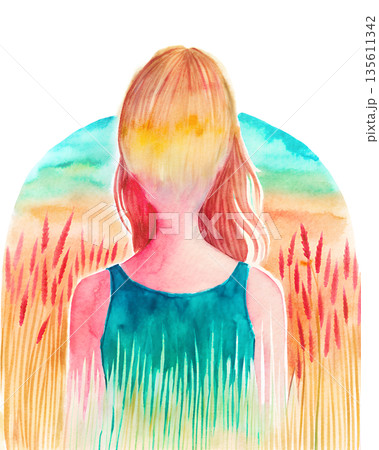 Double exposure artwork of a girl standing in a field with soft colors and blurred background at sunset 135611342