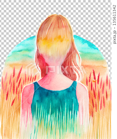 Double exposure artwork of a girl standing in a field with soft colors and blurred background at sunset 135611342