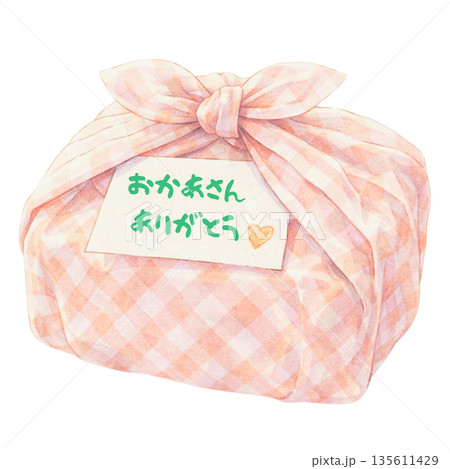 お弁当包みに忍ばせた「おかあさん ありがとう」のメモ　母への感謝を表すイラスト 135611429