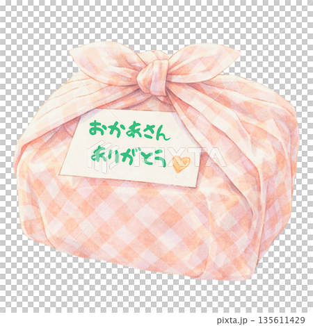 お弁当包みに忍ばせた「おかあさん ありがとう」のメモ　母への感謝を表すイラスト 135611429