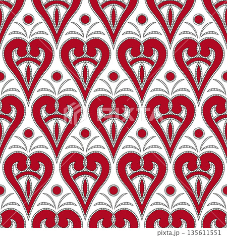 Red white seamless pattern of hearts. Romantic ornament. Red hearts on white background. Vintage lacy embroidery. Bright medieval ornament. Red white seamless pattern of hearts. Romantic ornament. Red hearts on white background. Vintage lacy embroidery. Bright medieval ornament. 135611551