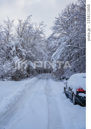 Snow-Covered Road with Parked Car and Winter Landscape 135611608