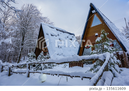 Two A-Frame Wooden Cabins in Snow Behind Fence with Snowy Trees 135611609