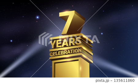 7th Years Celebration, 3D Gold Statue with Spotlights, Luxury Hollywood Light, Vector Illustration 135611860