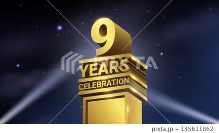 9th Years Celebration, 3D Gold Statue with Spotlights, Luxury Hollywood Light, Vector Illustration 9th Years Celebration, 3D Gold Statue with Spotlights, Luxury Hollywood Light, Vector Illustration 135611862