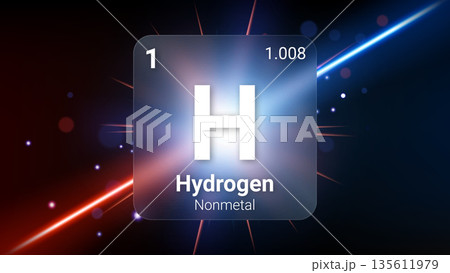 Hydrogen (H) (001) Nonmetal, Glass Morphism Element Futuristic Neon Light Glow Background Periodic Table, Chemical Symbol, Name, Atomic Mass, Atomic Number, Vector Illustration 135611979