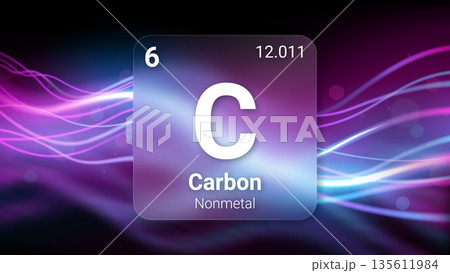 Carbon (C) (006) Nonmetal, Glass Morphism Element Futuristic Neon Light Glow Background Periodic Table, Chemical Symbol, Name, Atomic Mass, Atomic Number, Vector Illustration 135611984