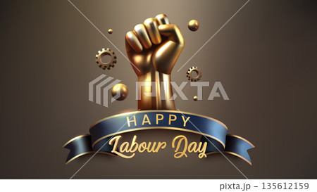 3D Golden Fist Labour Day Celebration with Dark Blue Ribbon, Vector Illustration 3D Golden Fist Labour Day Celebration with Dark Blue Ribbon, Vector Illustration 135612159