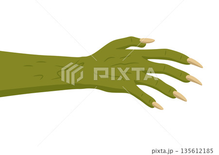 Vector Green Monster Hand with Long Sharp Claws. Halloween Creature Arm Isolated. Scary Fantasy Beast Limb, Horror Cartoon Vector Illustration for Spooky Design 135612185