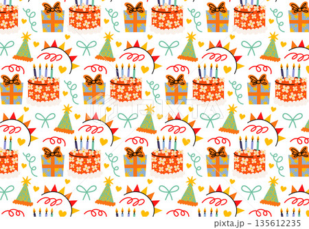 Cute seamless Birthday pattern. Party print with festive bows, gift boxes, party hats, confetti, cakes, candles, hearts on white background. Wrapping paper decor for holidays. Making party paper. 135612235