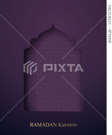 Ramadan Kareem greeting card background. A pattern featuring cut-out Arabic windows in Islamic style, a traditional gradient pattern. Design for greeting cards, banners, display cases, or posters Ramadan Kareem greeting card background. A pattern featuring cut-out Arabic windows in Islamic style, a traditional gradient pattern. Design for greeting cards, banners, display cases, or posters 135612362