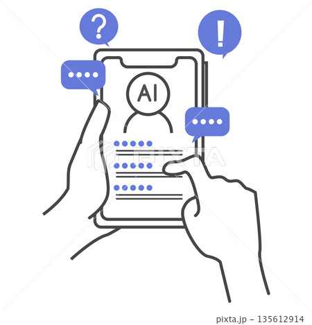 AIとチャットをして疑問を解決したり、新たな発見をするスマートフォンのイラスト AIとチャットをして疑問を解決したり、新たな発見をするスマートフォンのイラスト 135612914