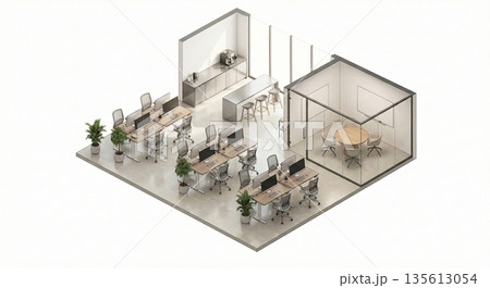 スタンディングデスクやモニターが完備された現代的なITオフィス 135613054