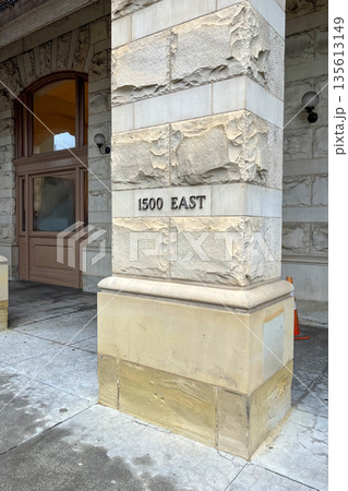A stone pillar with the number 1500 East written on it. Main Street Station, Richmond. Virginia 135613149