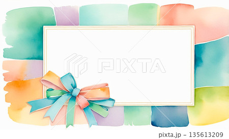 水彩パステルカラーの背景フレーム カラフルなリボンと飾り枠 水彩パステルカラーの背景フレーム カラフルなリボンと飾り枠 135613209