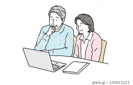 パソコンを眺めながら考える表情のシニア夫婦のイラスト素材 パソコンを眺めながら考える表情のシニア夫婦のイラスト素材 135613211