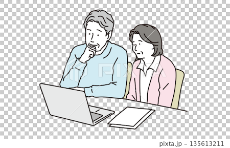 パソコンを眺めながら考える表情のシニア夫婦のイラスト素材 パソコンを眺めながら考える表情のシニア夫婦のイラスト素材 135613211