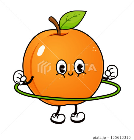 Cute apricot character exercising with a hula hoop Cute apricot character exercising with a hula hoop 135613310