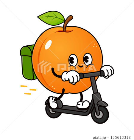 Apricot fruit character delivering food on scooter 135613318