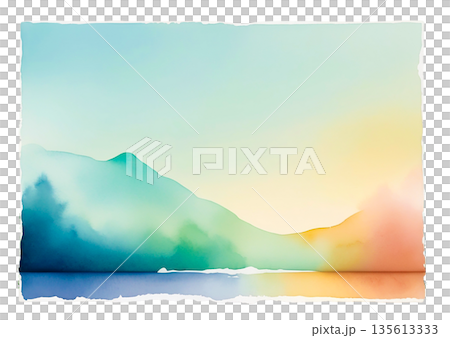 Scandinavian-style watercolor landscape background: fantastic mountain ranges and waterside art 135613333