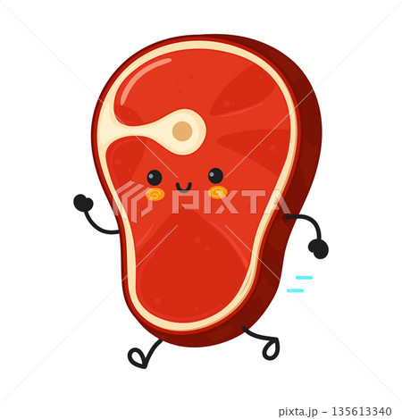 Cute beef steak meat character running happy 135613340