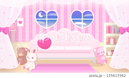 情人節粉紅係可愛房間背景素材，心型窗戶，夜晚 135613562