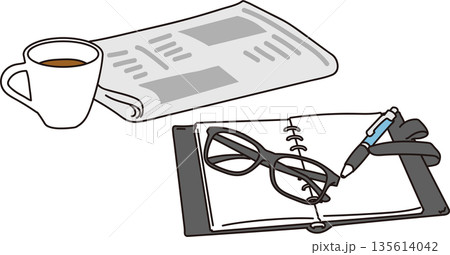 コーヒーと新聞とメモ帳のビジネスイメージのアイテムイラスト素材 135614042
