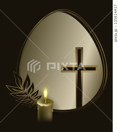Happy Easter. Isolated design element with a gold-colored egg with a cross and candles 135614417