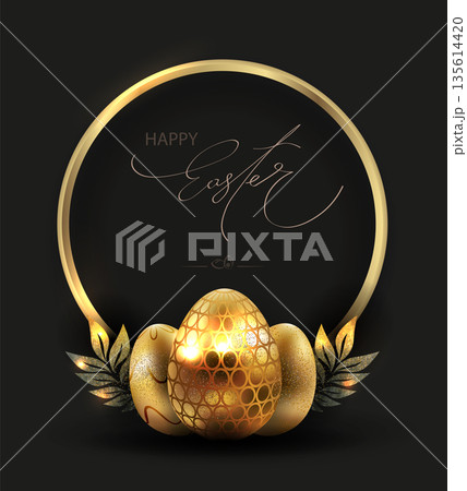 Happy Easter. Isolated design element with glittery gold eggs Happy Easter. Isolated design element with glittery gold eggs 135614420