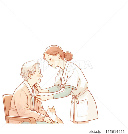 高齢者と猫に寄り添う介護士のやさしい介護イラスト（背景透明） 135614423