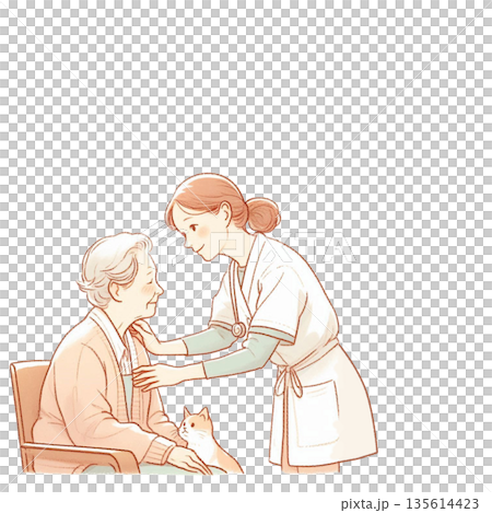 高齢者と猫に寄り添う介護士のやさしい介護イラスト（背景透明） 135614423