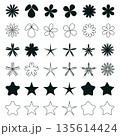 Comprehensive collection of black star and flower icons featuring both solid silhouettes and thin line outlines for decorative graphic design and branding 135614424