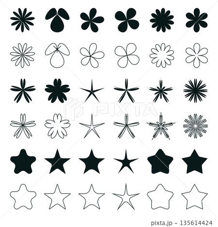 Comprehensive collection of black star and flower icons featuring both solid silhouettes and thin line outlines for decorative graphic design and branding Comprehensive collection of black star and flower icons featuring both solid silhouettes and thin line outlines for decorative graphic design and branding 135614424