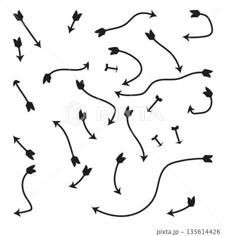 Hand-drawn black silhouette archery arrows and pointers with feathered tails in various curved and straight shapes for creative layout design 135614426