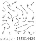 Collection of elegant thin line decorative arrows and pointers with feathered tails in a minimalist hand-drawn style isolated on a white background 135614429