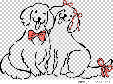 Valentine Dog Outline Couple Golden Retriever sit together Whimsical Hand Drawn 135614461