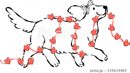 Valentine Dog Outline Golden Retriever tangled in Heart Garland  Whimsical Hand Drawn 135614465