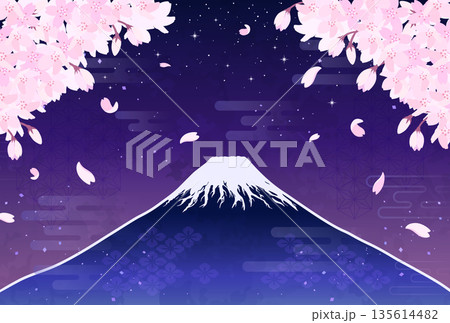 夜桜と富士山のイラスト_横1 135614482