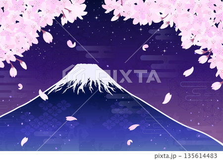 夜桜と富士山のイラスト_横2 夜桜と富士山のイラスト_横2 135614483