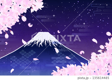 夜桜と富士山のイラスト_横4 135614485
