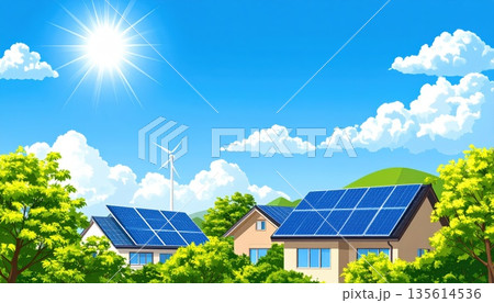 《AI画像》太陽光パネルが設置された戸建て住宅 エコロジーイメージ 135614536