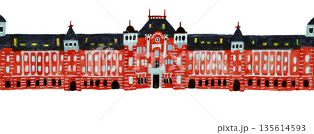 手描き水彩イラスト　東京駅　赤レンガ　建築  135614593